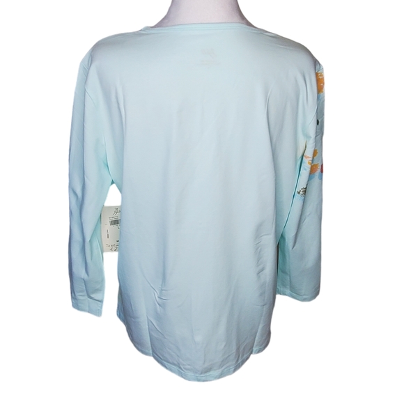 J Jill Trailing Vines Cross Over Top, Light Blue 3/4 Length Sleeves V-neck Sz L - Picture 5 of 7